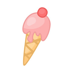 Cute pink ice-cream cone cartoon illustration. Strawberry ice-cream with cherry on top isolated on white background. Food, fairy tale concept