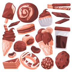 Chocolate sweet cake and sugary dessert cookies ice cream baked glazed bread collection set