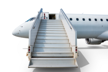 White passenger jet plane with aircraft steps isolated on transparent background