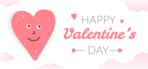 Valentine's Day background with handdrawn smiling heart and clouds