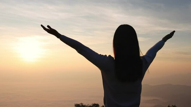 Video 4k of Human hands open palm up worship. Eucharist Therapy Bless God Helping Repent Catholic Easter Lent Mind Pray. Christian Religion concept background. Christian people worship.