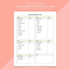 Farmers' Market Shopping List Log Book | Farmers' Market Shopping List Notebook Printable Template