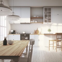 Blur background interior design, scandinavian minimalistic classic kitchen with wooden and white details, 3d illustration