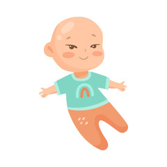 Cute newborn baby smiling cartoon illustration. Happy infant in blue dress isolated on white background. Childhood, development, expression concept.