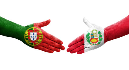 Handshake between Peru and Portugal flags painted on hands, isolated transparent image.