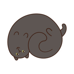 Black happy cat lying cartoon illustration. Funny pet with cute face laying and relaxing on white background. Home, domestic animal concept