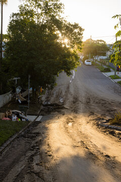Street scene several days after flood waters have receded in Brisbane