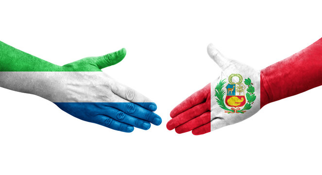 Handshake between Peru and Sierra Leone flags painted on hands, isolated transparent image.