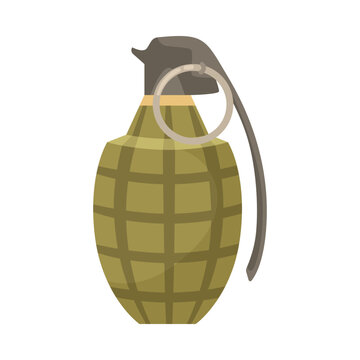 Green hand grenade for battle or conflict cartoon illustration. Military equipment or supplies for combat isolated on white background. Army, weapon, terrorism, violence concept