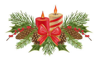 Isolated arrangement with Christmas decoration. Candle. A fir cone. Bow. Spruce branches. Holly. The print is used for packaging design, fabric. Watercolor gouache illustration.