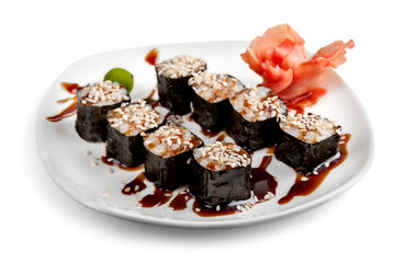 Salmon and caviar rolls served on a plate