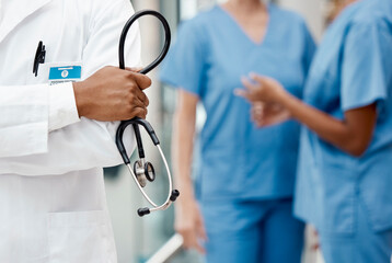 Healthcare, medicine and doctor with stethoscope in hand and boss at hospital or clinic cropped....