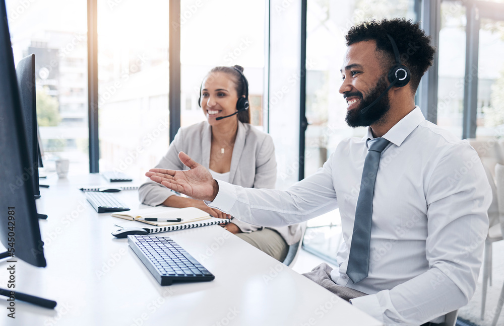 Poster black man, crm consultant and customer support service employee training a colleague at work with a 