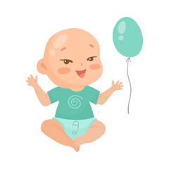 Cute newborn baby with balloon cartoon illustration. Happy infant in blue playing isolated on white background. Childhood, development, expression concept.