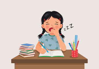 cute little girl yawning feeling sleepy while studying doing homework on the desk