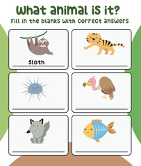 What animal is this printable worksheet. See and write the correct animal's names. Educational worksheet for preschool. Vector illustration.