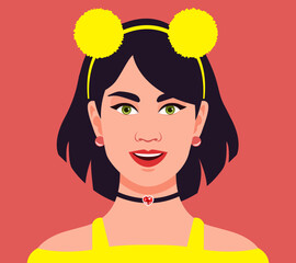 Girl wears Pom Pom Hairbands For Girls Latest Stylish Cat Ears Hairband Kity Band, black choker, heart choker Choker necklaces set, trendy fashion, beautiful girl, art vector, Social Media Avatar. © Meena