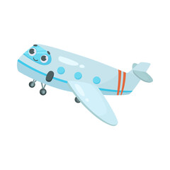 Cute blue airliner cartoon illustration. Colorful aircraft flying in sky, carrying passangers isolated on white background. Aviation, transportation concept.