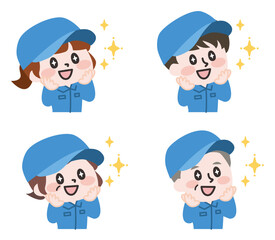 目を輝かせる作業着のスタッフセット