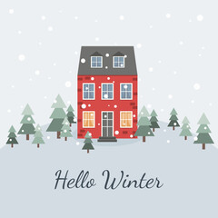 Red house and snowfall. Winter greeting card.