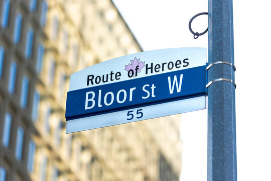 Bloor Street West, Route of Heroes street signage in downtown Toronto, Ontario, Canada.