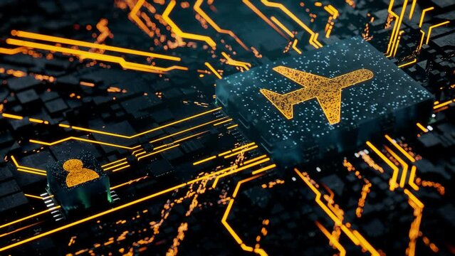 Flight Technology Concept with airplane symbol on a Microchip. Orange Neon Data flows between the CPU and the User across a Futuristic Motherboard. Seamless Loop.