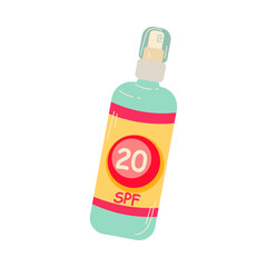 Spray bottle of sunblock with label vector illustration. Sun safety, lotion with SPF, sunscreen for skin care during summer isolated on white background. Cosmetics, summer, protection concept