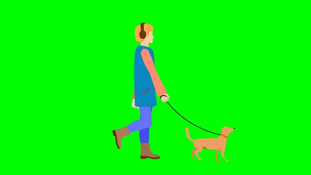 A girl wlking with her dog loop animation circle green screen