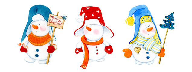 Christmas snowmen. Watercolor clip art. Cute snowmen in red and blue hats, knitted scarves, with a Christmas tree and congratulations. For stickers, postcards, posters, etc.