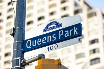 Queens Park street signage in downtown Toronto, Ontario, Canada