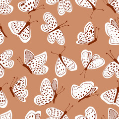 White moths on a green sage color background vector seamless pattern. Line and spot.