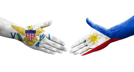 Handshake between Philippines and Virgin Islands flags painted on hands, isolated transparent image.