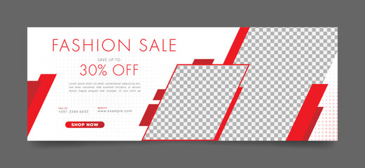 fashion sale facebook cover page timeline web ad banner template with photo place. modern and creative layout whtie background red shape design for business or corporate promotion offer