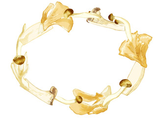 手描き水彩の三種のキノコイラスト長方形フレーム・楕円