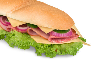 Footlong ham & swiss submarine sandwich isolated on white