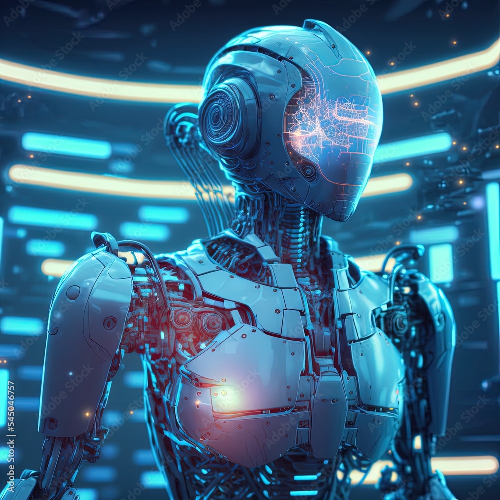 Poster robot, chat bot, android and digital evolution of robotics. future processor development technologie