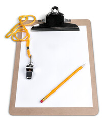 Blank Clipboard with Whistle and Pencil