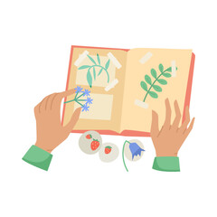 Hands of person with plants and scrapbook vector illustration. Arms of creative worker or student sticking flowers and leaves to notebook pages on white background. Creativity, decoration concept
