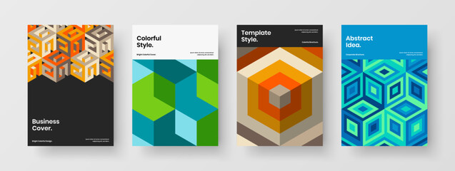 Fototapeta premium Vivid cover A4 vector design concept bundle. Multicolored geometric hexagons company identity template collection.