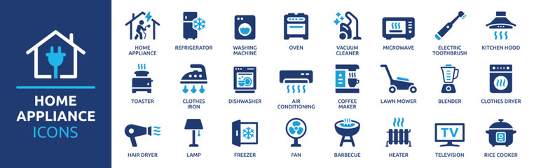 Home appliance icon set. Collection of household kitchen appliance solid icon. Containing washing machine, vacuum cleaner, refrigerator, TV and more. Vector illustration.