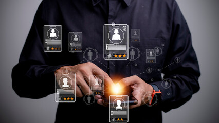 Online recruitment application specialist search service concept with virtual cards with rating and profile information on a smartphone in hand.