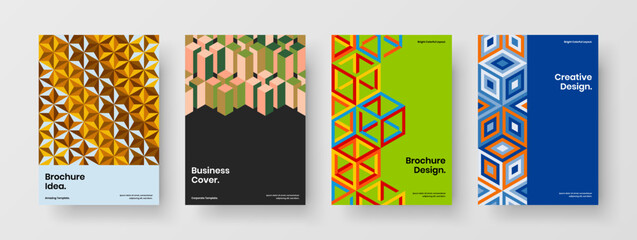 Original pamphlet A4 vector design concept composition. Multicolored mosaic hexagons leaflet template bundle.