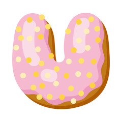 Letter u in donut font vector illustration. Design of alphabet letter from chocolate donut or cookie with icing. Food, dessert, typography concept for bakery or cafe