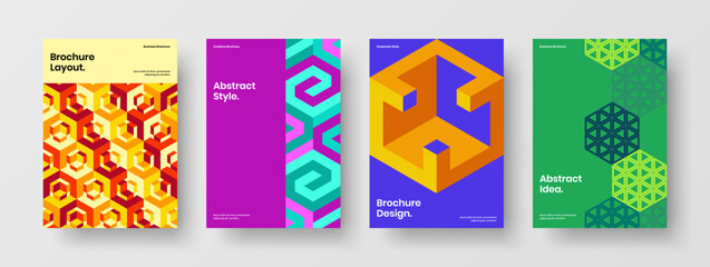 Trendy annual report A4 design vector layout set. Multicolored mosaic hexagons corporate identity concept collection.