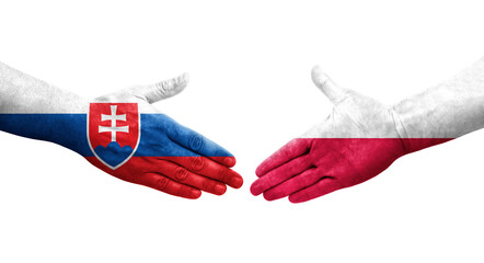 Handshake between Poland and Slovakia flags painted on hands, isolated transparent image.