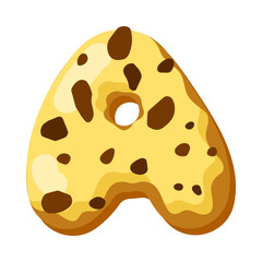 Letter A in donut font vector illustration. Design of alphabet letter from chocolate donut or cookie with icing. Food, dessert, typography concept for bakery or cafe