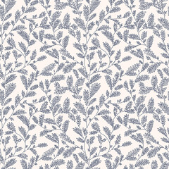 Seamless vector blue color line leaf and twig pattern on beige background.