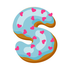 Letter s in donut font vector illustration. Design of alphabet letter from chocolate donut or cookie with icing. Food, dessert, typography concept for bakery or cafe