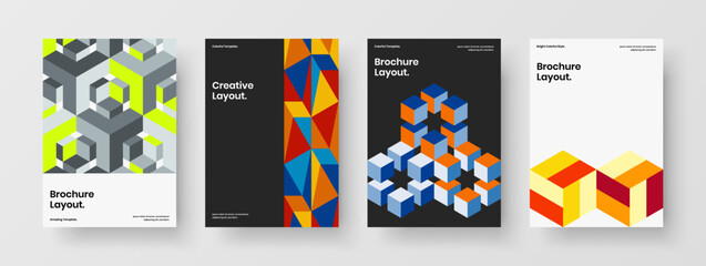 Fototapeta premium Colorful geometric hexagons corporate brochure layout bundle. Bright cover A4 vector design concept set.