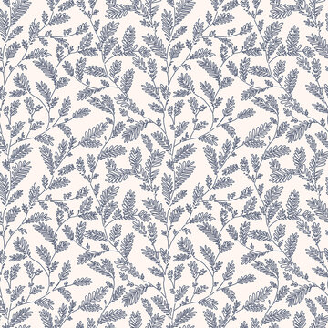 Seamless vector blue color line leaf and twig pattern on beige background.